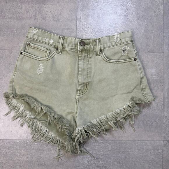 BDG Urban Outfitters Green High Rise Cheeky Shorts Womens 28 Distressed Frayed - Picture 3 of 11